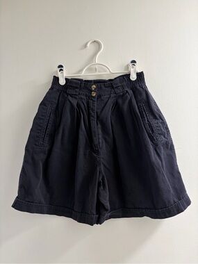 Cabin Creek Navy Blue High-Waist Pleated Bermuda Shorts